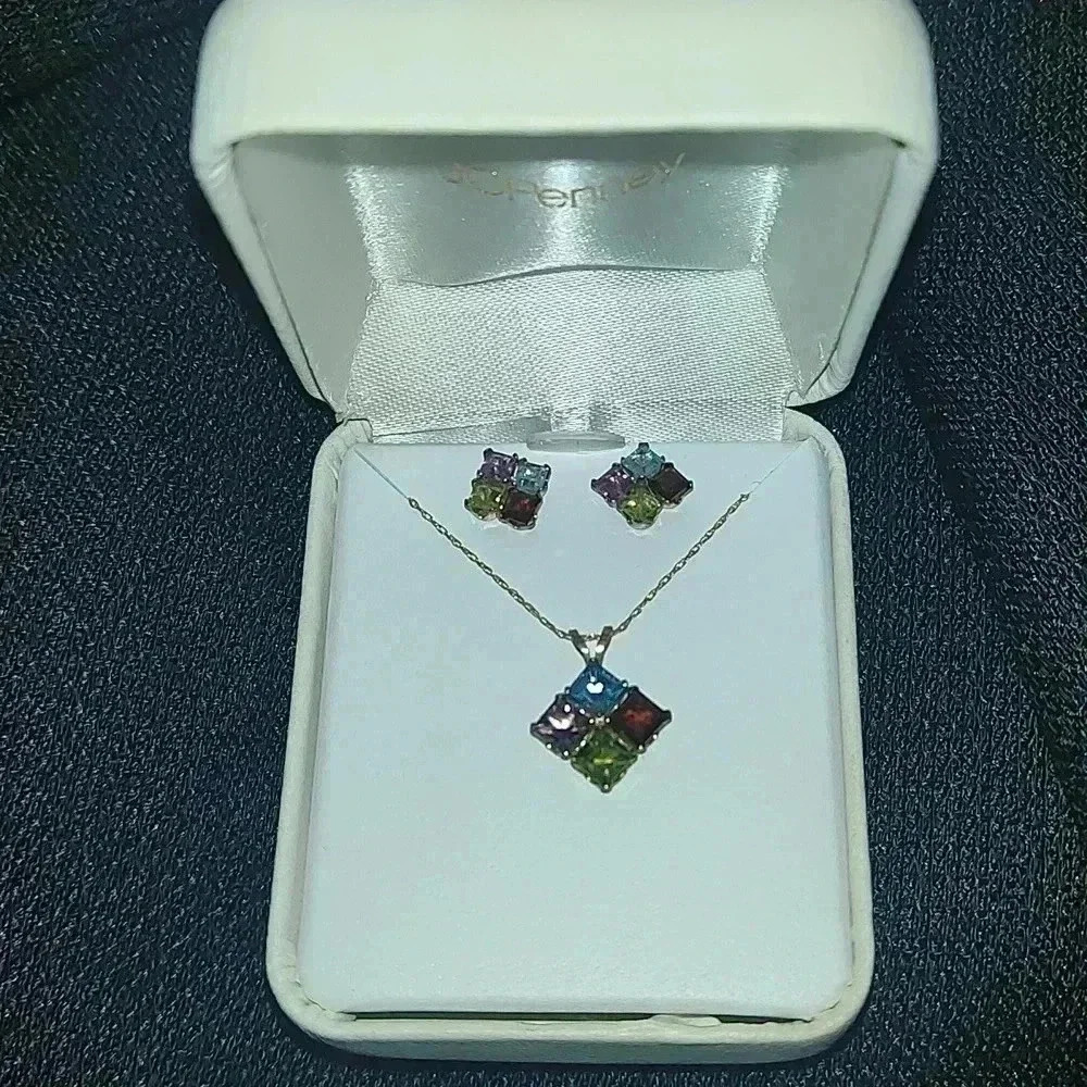 10 karat gold multi stone earrings and necklace set